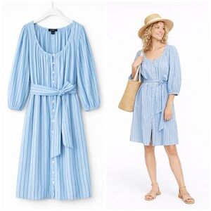 J. Crew Balloon-sleeve Blue Striped Coastal Button-front Dress Size Medium